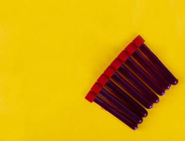 Sarı arkaplan üzerinde kan testi örnekleri içeren test tüpleri hastalar üzerinde test