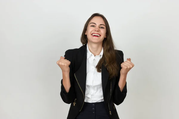 Freudig. sehr glückliche junge Geschäftsfrau — Stockfoto
