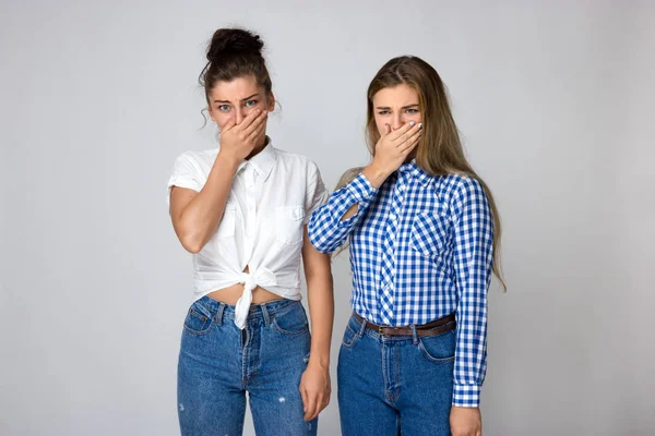 Kötü bir koku yüzünden burnunu tutarak gri arka plan üzerinde iki genç ve güzel kız portresi