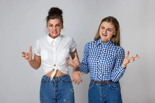 Portrait Une Deux Jeunes Sœurs Criant Écarte Les Mains Sur — Photo