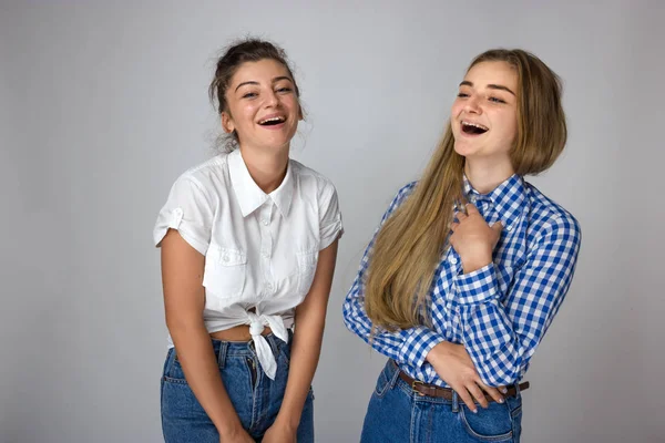 Portrait Deux Belles Jeunes Sœurs Souriantes Sur Fond Gris — Photo