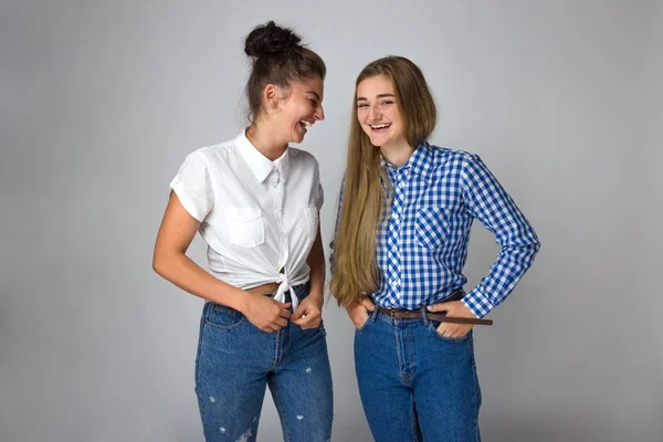 Porträt Zweier Junger Lächelnder Schwestern Auf Grauem Hintergrund — Stockfoto