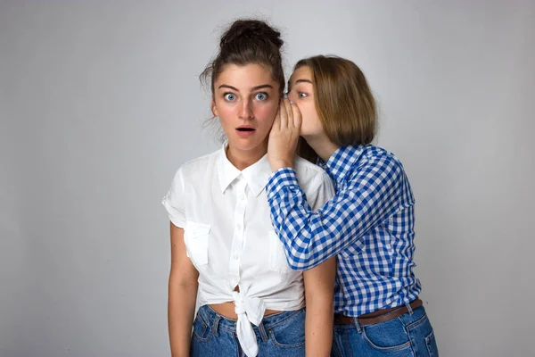 Woman Whispering Her Sister Ear Gray Background — Stock Photo, Image