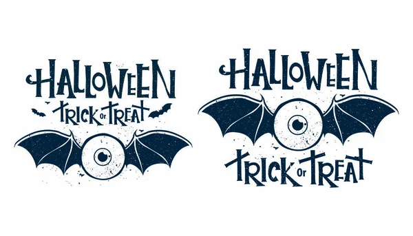 Een kleur Halloween logo voor poster, briefkaart, web en flyer. Logo oog met vleermuis vleugels. Horror Typ halloween trick or treat. — Stockvector