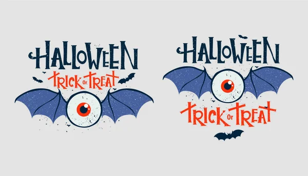 Logotipo de Halloween para póster, postal, web y volante con fuente naranja. Ojo de logotipo con alas de murciélago. Tipo de horror halloween truco o trato . — Archivo Imágenes Vectoriales