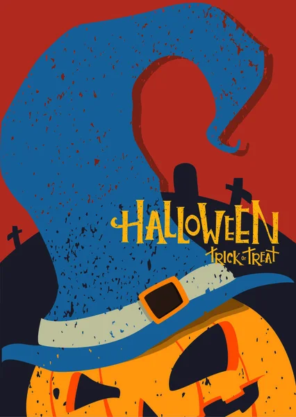 Cartaz de Halloween com abóbora num chapéu de bruxa. ilustração de Halloween para cartão postal e banner .Horror fundo azul escuro — Vetor de Stock