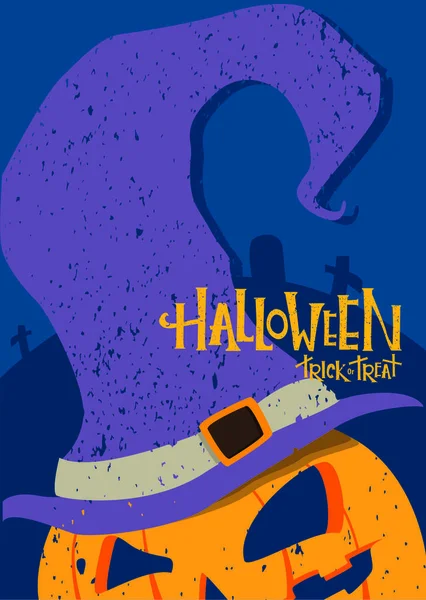 Cartel de Halloween con calabaza en un sombrero de bruja. Ilustración de Halloween para postal y banner. Horror fondo azul oscuro — Archivo Imágenes Vectoriales