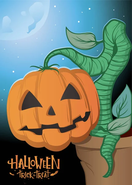 Kleurrijke affiche Halloween pompoen groeien uit de pot. Halloween poster met nacht en cool maan. Halloween truc of behandelen . — Stockvector