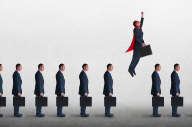 süper kahraman işadamı işadamları statik bir sıra uzak uçan atalet aşmak