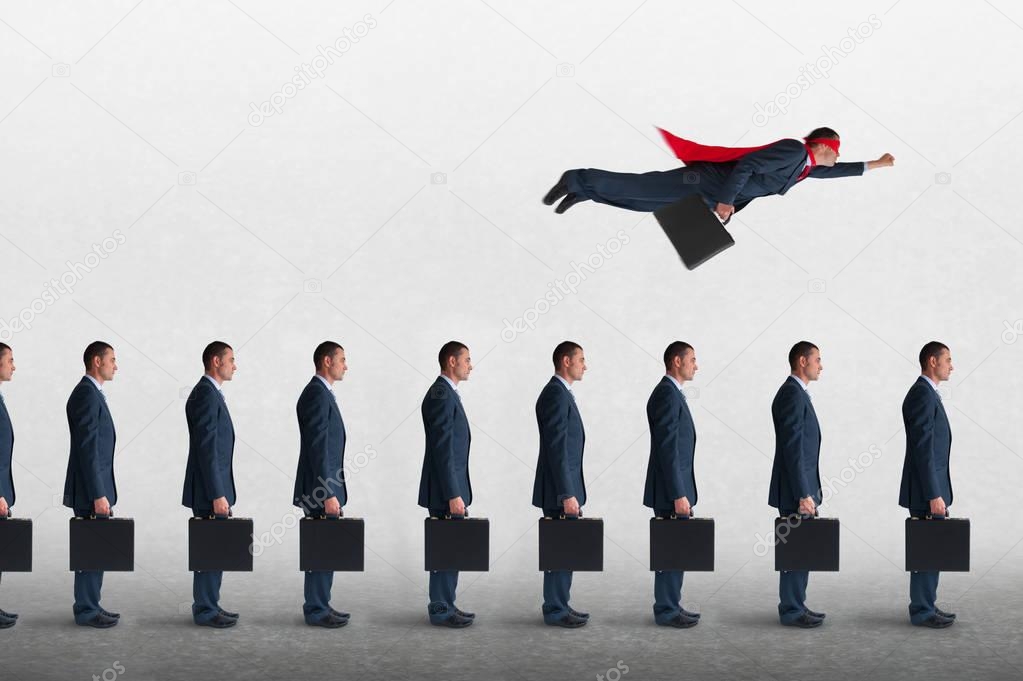 superhero businessman overcoming inertia flying away from a static queue of businessmen