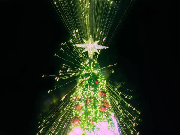 Zoom Irrumpió Luz Del Árbol Navidad Pino Artificial Con Estrella — Foto de Stock