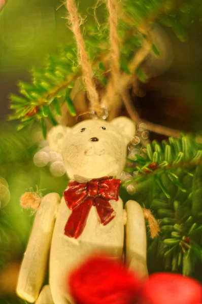 Wooden teddy bear xmas decoration. — Stock Photo, Image