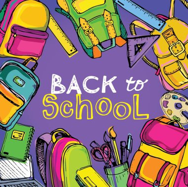 Okula dönüş. Renk elle çizilmiş doodle sırt çantası.