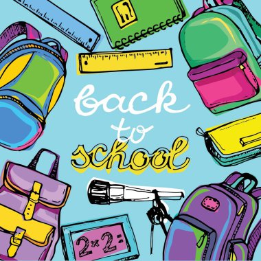 Okula dönüş. Renk elle çizilmiş doodle sırt çantası.