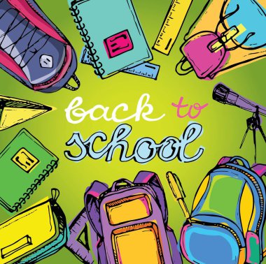 Okula dönüş. Renk elle çizilmiş doodle sırt çantası.