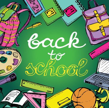 Okula dönüş. Renk elle çizilmiş doodle sırt çantası.