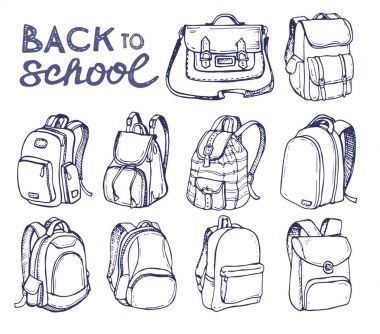 Okula dönüş. Renk elle çizilmiş doodle sırt çantası.