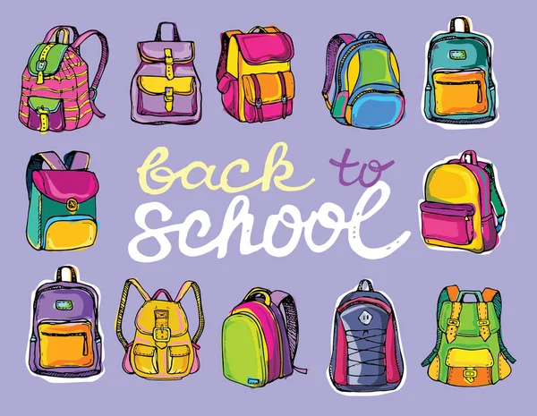 Zurück zur Schule. Farbe handgezeichneter Doodle-Rucksack. — Stockvektor