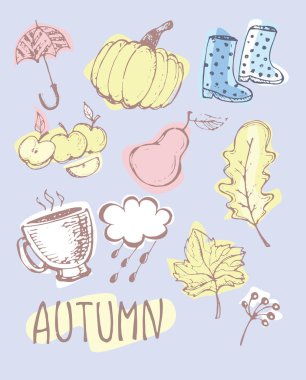 Sonbahar elle çizilmiş doodle küme. Vektör kümesi farklı çizilmiş sonbahar öğeleri ver. Vektör çizim