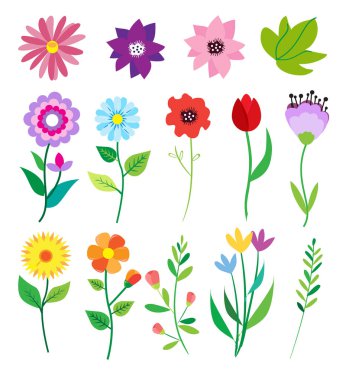 Büyük çiçekler ve yapraklar dizi doodle. Bahar öğeleri. Yaz arka plan. Vektör çizim. Çiçek kümesi