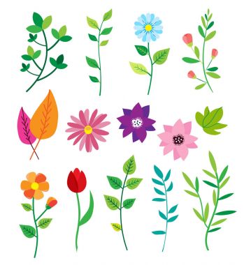 Büyük çiçekler ve yapraklar dizi doodle. Bahar öğeleri. Yaz arka plan. Vektör çizim. Çiçek kümesi