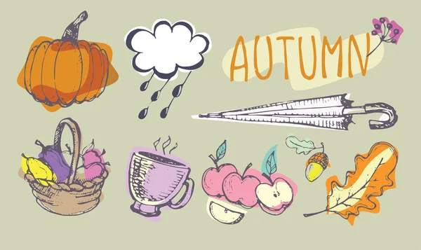 Conjunto de garabatos dibujados a mano de otoño.Conjunto vectorial de diferentes elementos de otoño dibujados a mano. Ilustración vectorial — Archivo Imágenes Vectoriales