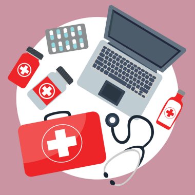 Düz tasarım vektör illüstrasyon kavramlar, sağlık ve tıp. Eczane, uyuşturucu ve hap. Tıbbi cihazlar, stetoskop