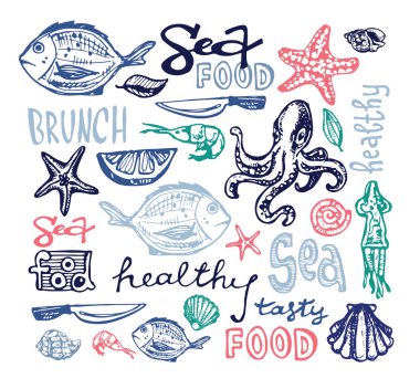 Elle çizilmiş doodle illüstrasyon balık, kalamar, karides ile