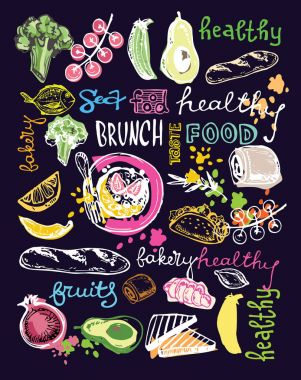 Elle çizilmiş doodle gıda illüstrasyon. Kahvaltı Seti. Çanak Üstten Görünüm.