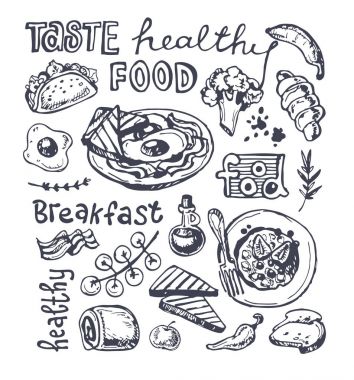 Elle çizilmiş doodle gıda illüstrasyon. Kahvaltı Seti. Çanak Üstten Görünüm.