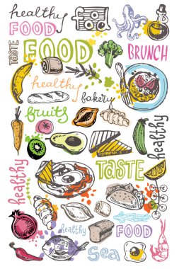 Elle çizilmiş doodle gıda illüstrasyon. Kahvaltı Seti. Çanak Üstten Görünüm.