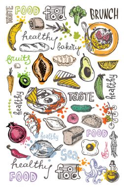 Elle çizilmiş doodle gıda illüstrasyon. Kahvaltı Seti. Çanak Üstten Görünüm.