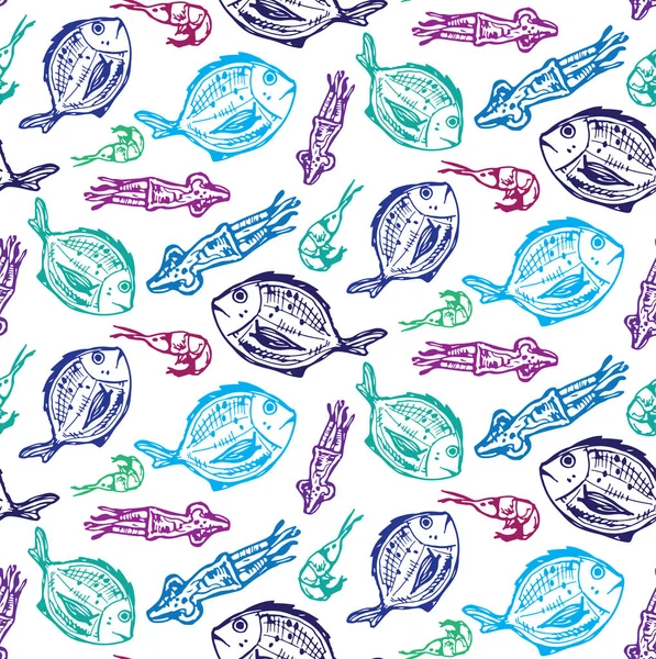 Modello di scarabocchio disegnato a mano con pesce, calamari, gamberetti — Vettoriale Stock