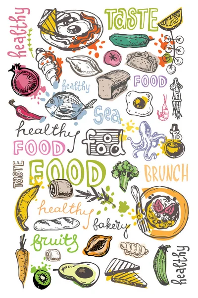 Elle çizilmiş doodle gıda illüstrasyon. Kahvaltı Seti. Çanak Üstten Görünüm.