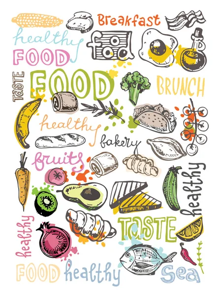 Handgezeichnete Doodle Food Illustration. Frühstücksset. Blick von oben. — Stockvektor