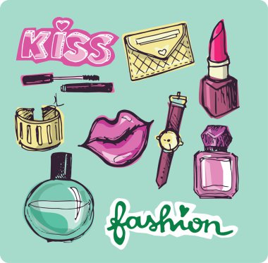 Büyük vektör moda kroki set. Elle çizilmiş grafik dudaklar, parfüm. Glamour moda kroki. Vektör çizim