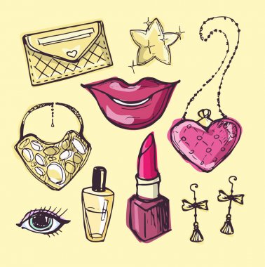 Büyük vektör moda kroki set. Elle çizilmiş grafik dudaklar, parfüm. Glamour moda kroki. Vektör çizim