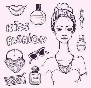 Büyük vektör moda kroki set. Elle çizilmiş grafik dudaklar, parfüm. Glamour moda kroki. Vektör çizim