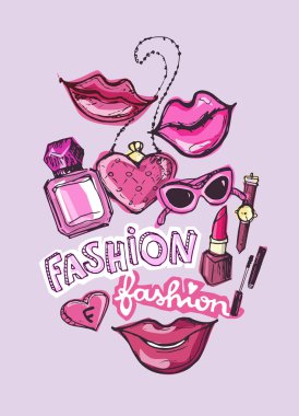 Büyük vektör moda kroki set. Elle çizilmiş grafik dudaklar, parfüm. Glamour moda kroki. Vektör çizim