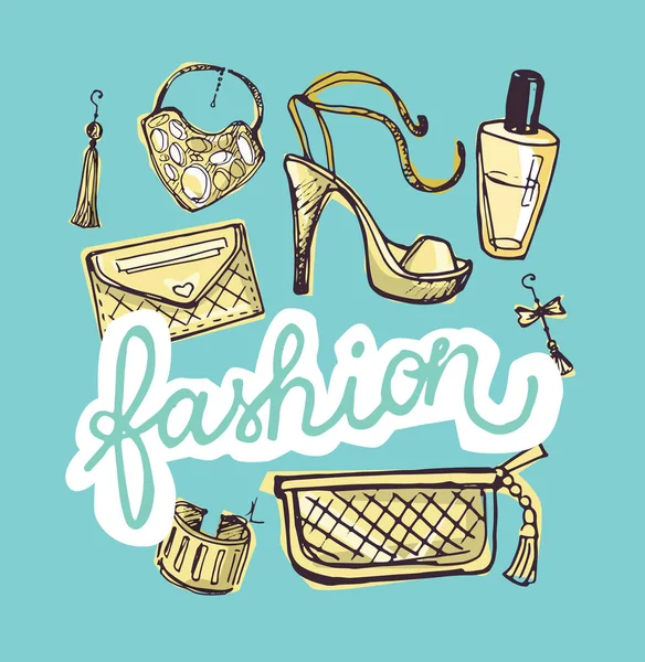 Conjunto de esboço de moda grande vetor. Lábios gráficos desenhados à mão, perfume. Glamour moda sketch.Vector ilustração — Vetor de Stock