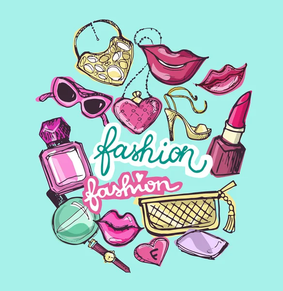 Stora vektor fashion skiss som. Handritad grafisk läppar, parfym. Glamour mode skiss. Vektorillustration — Stock vektor