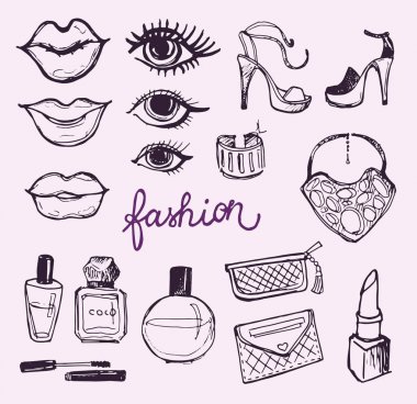 Büyük vektör moda kroki set. Elle çizilmiş grafik dudaklar, parfüm. Glamour moda kroki. Vektör çizim