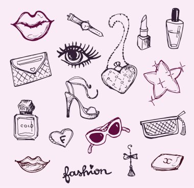 Büyük vektör moda kroki set. Elle çizilmiş grafik dudaklar, parfüm. Glamour moda kroki. Vektör çizim