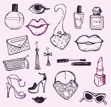 Büyük vektör moda kroki set. Elle çizilmiş grafik dudaklar, parfüm. Glamour moda kroki. Vektör çizim