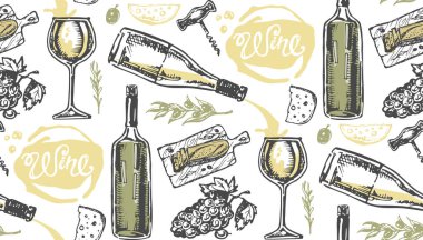Elle çizilmiş doodle şarap koleksiyonu. Üzüm ve peynir