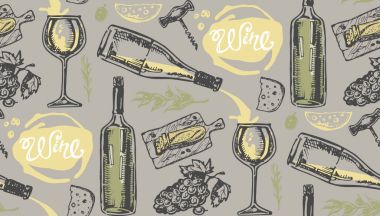 Elle çizilmiş doodle şarap koleksiyonu. Üzüm ve peynir