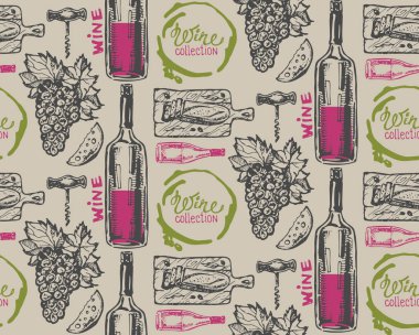 Elle çizilmiş doodle şarap koleksiyonu. Üzüm ve peynir