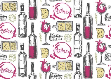 Elle çizilmiş doodle şarap koleksiyonu. Üzüm ve peynir
