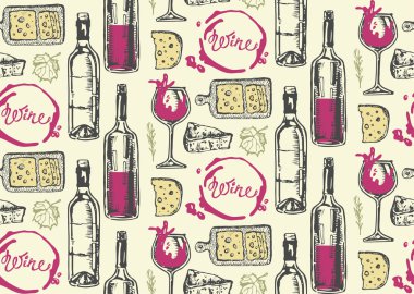 Elle çizilmiş doodle şarap koleksiyonu. Üzüm ve peynir