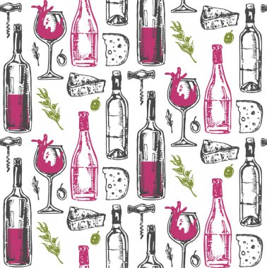 Elle çizilmiş doodle şarap koleksiyonu. Üzüm ve peynir